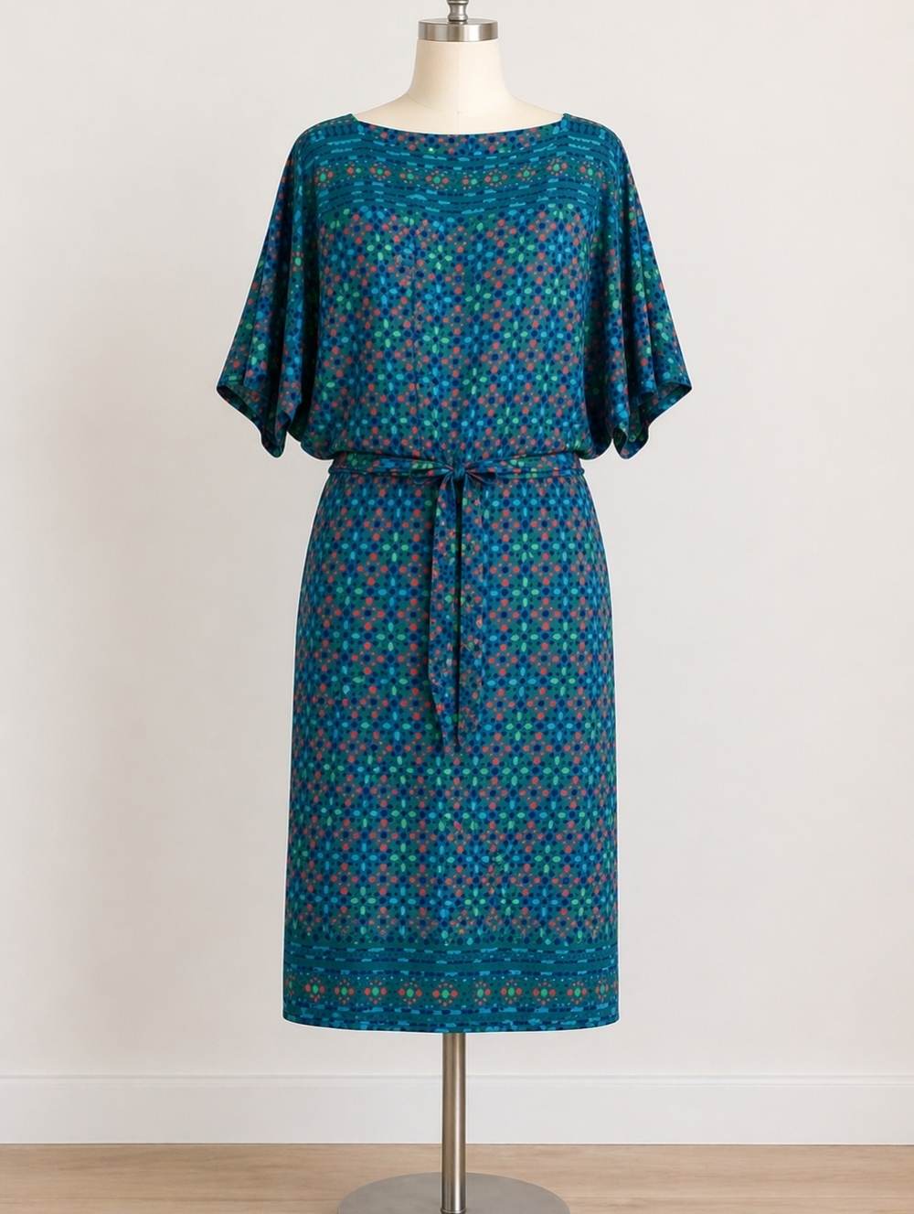 Vintage Lanvin Pure Silk Dress Size 10 Multicolor Geometric Print Belted Midi
